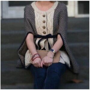 Anthropologie HWR Wool Blend Cable Knit Cape Cardigan Navy Ivory Jacket S/M